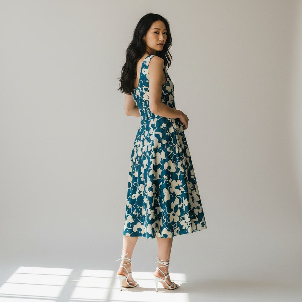 A woman wearing a sleeveless A-line midi dress with a teal blue and cream floral pattern, standing in a studio with window light casting shadows on the floor.