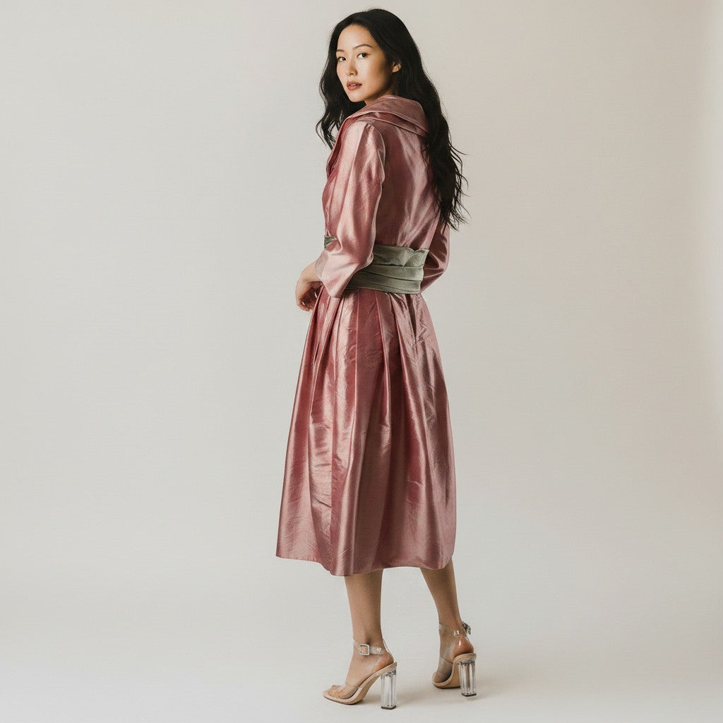 A woman modeling a shiny, metallic dusty rose midi dress with a wide olive green belt, standing against a plain light gray studio background.