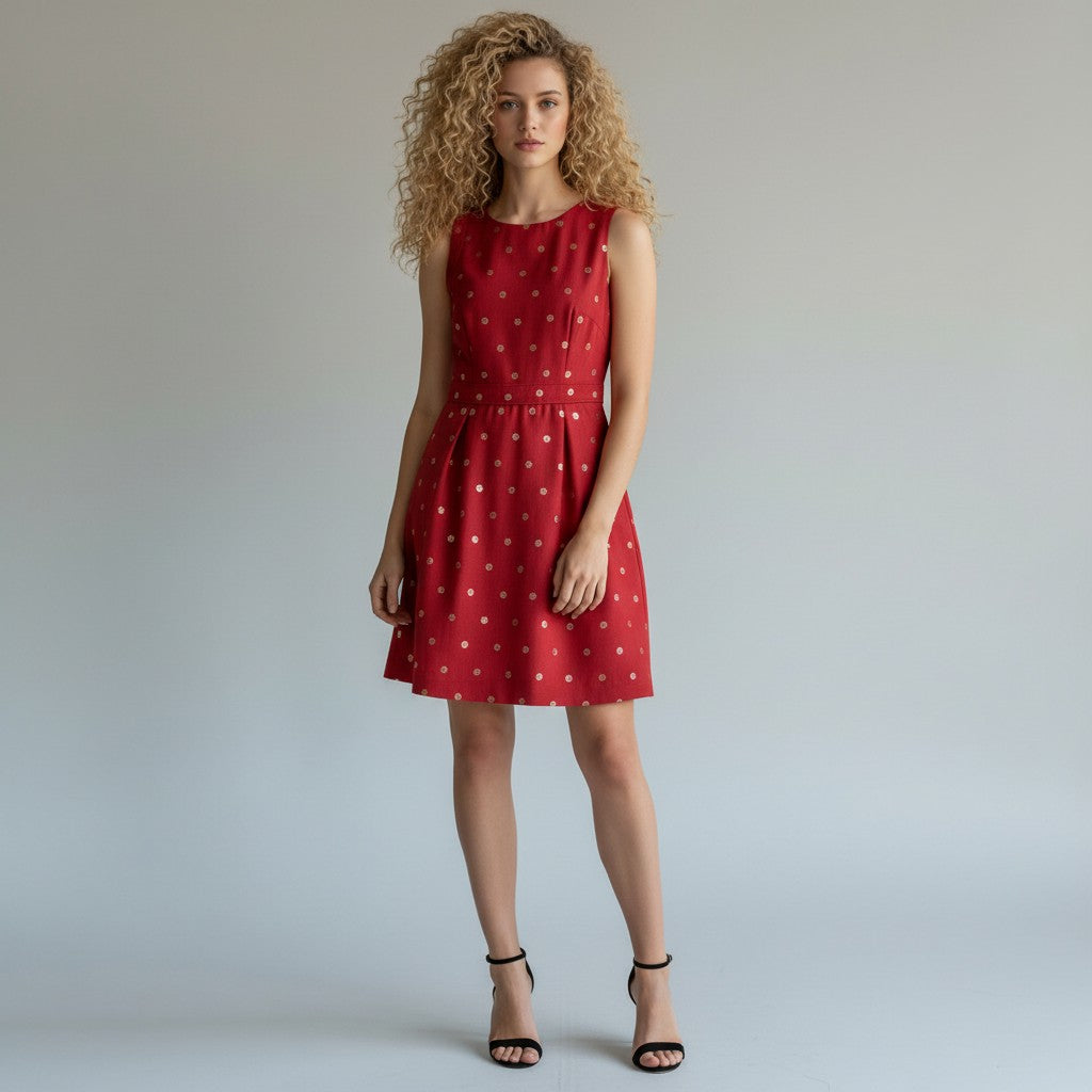 A woman modeling a sleeveless red A-line dress with a white polka-dot pattern, paired with black ankle-strap heels, against a neutral light gray studio background.