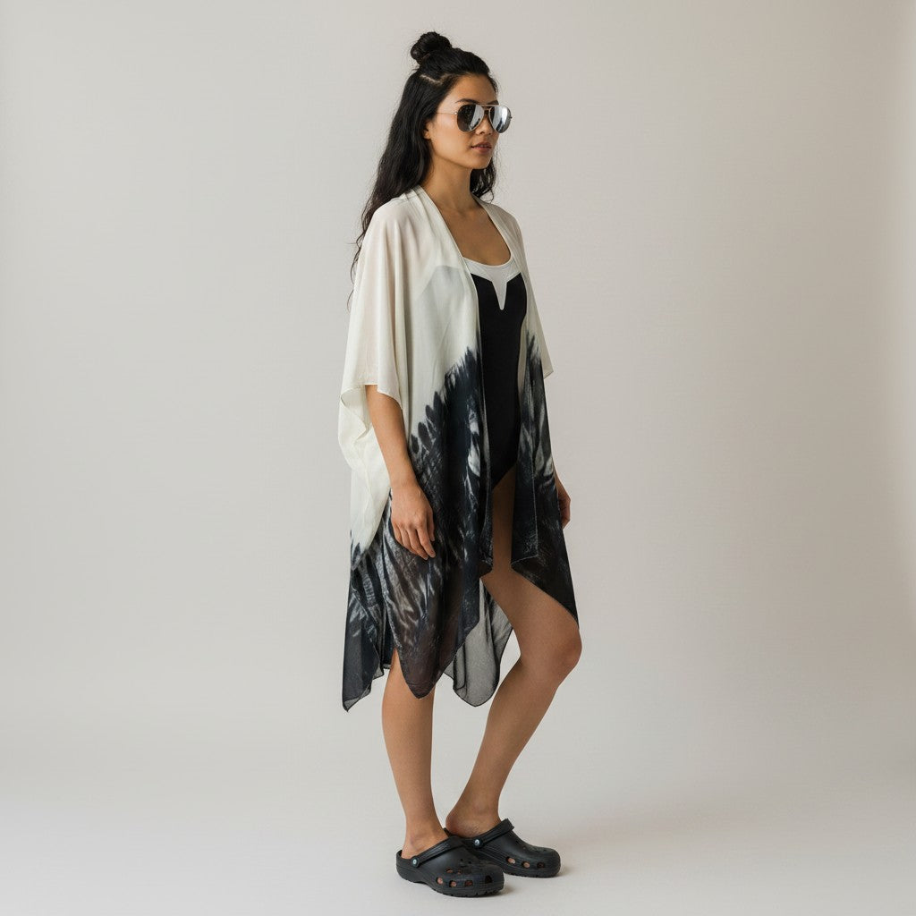 A woman modeling a lightweight open-front kimono cover-up with a black and white abstract print, worn over a black swimsuit. She is wearing round reflective sunglasses and black clogs, standing against a plain light gray studio background.