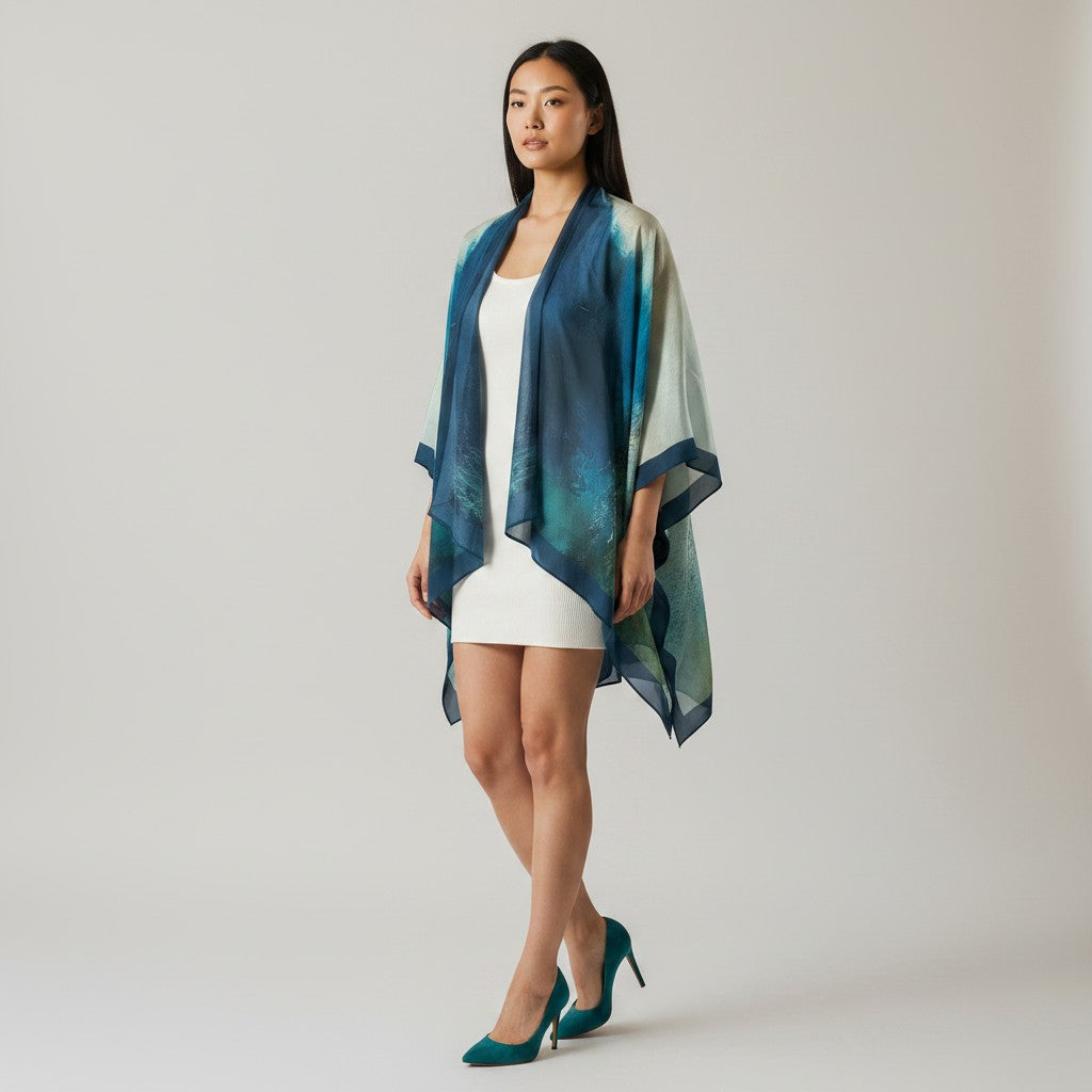 A woman models a lightweight draped shawl with an abstract watercolor pattern in shades of teal, blue, and green, worn over a white dress against a neutral studio background.