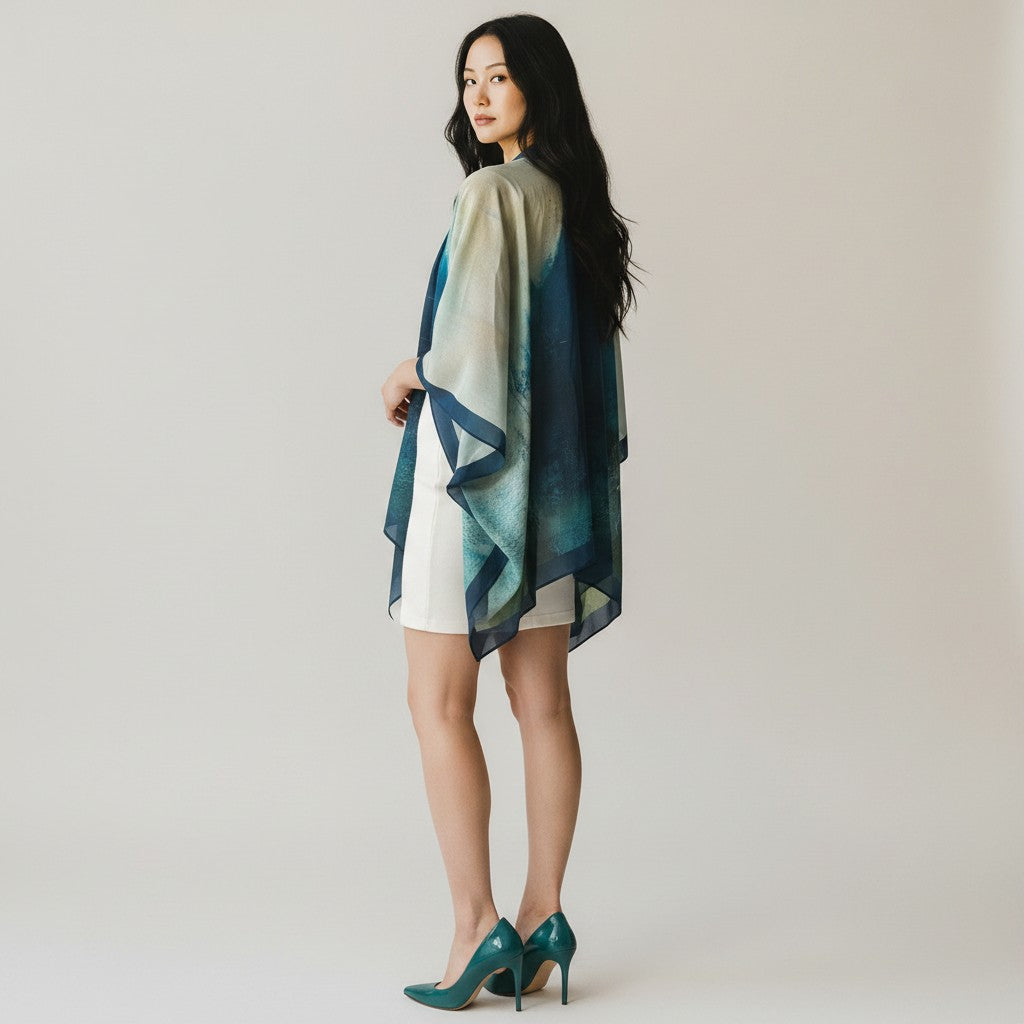A woman stands in profile wearing a lightweight draped cape-style wrap in blue, teal, and beige tones over a white dress, paired with teal high heels, against a plain light gray studio background.