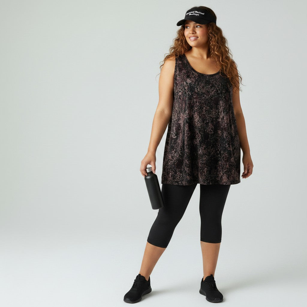 A woman modeling a sleeveless black and dark gray patterned tank top, paired with black capri leggings, black sneakers, and a black baseball cap, holding a black water bottle against a light gray studio background.