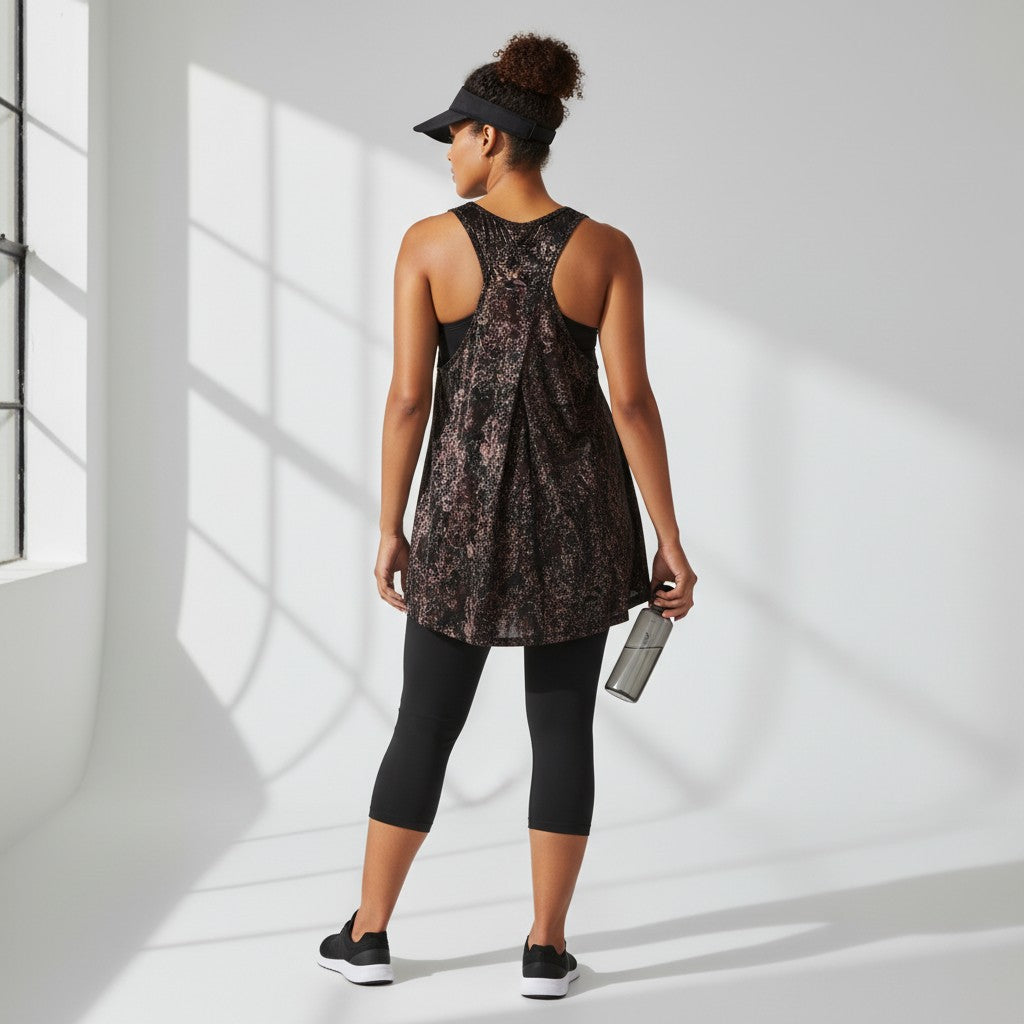 A woman stands with her back to the camera wearing a sleeveless black athletic tunic with a subtle dark floral pattern, black capri leggings, and a black visor in a bright, sunlit studio with window shadows.