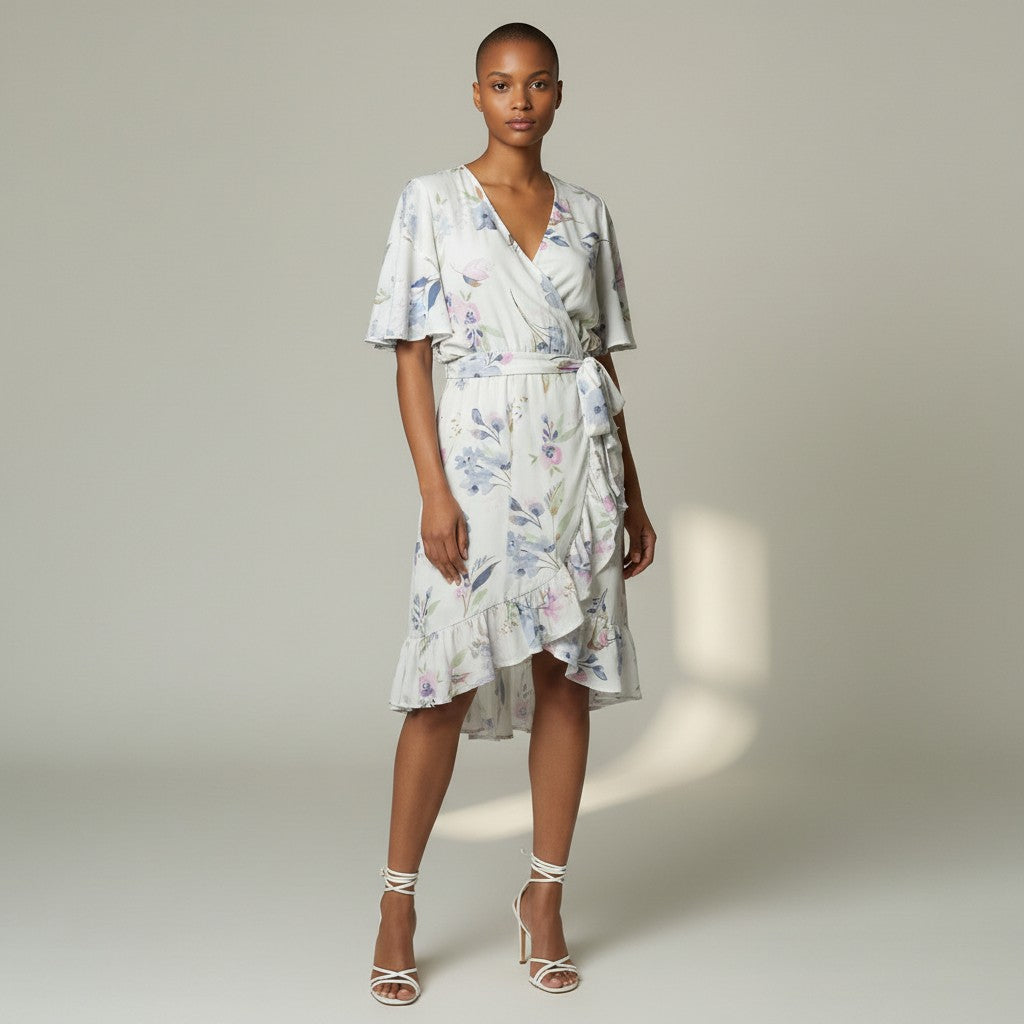 A woman modeling a white wrap-style midi dress with a soft blue and purple floral print, short flutter sleeves, and a ruffled hem, photographed against a plain light gray studio background.