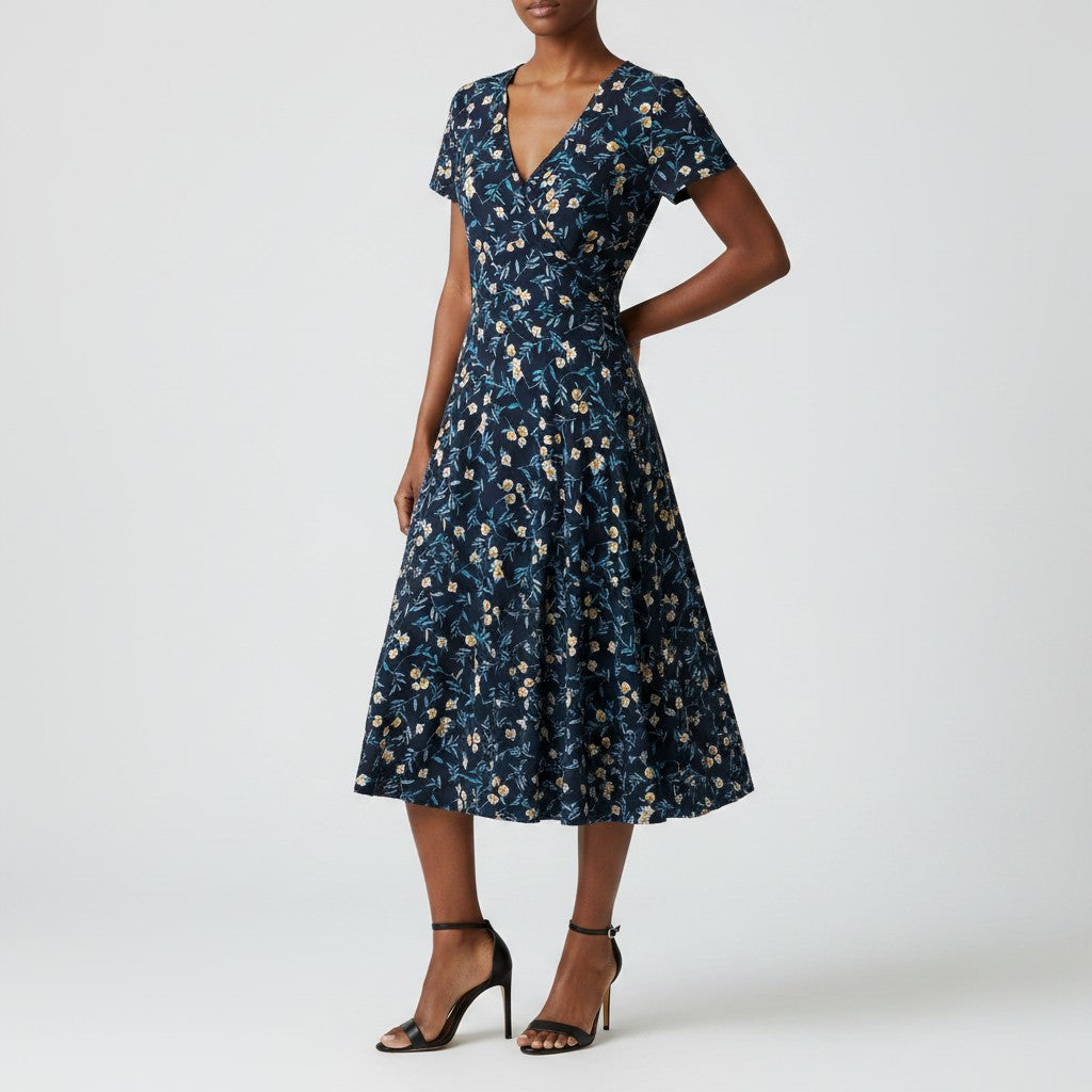 A woman models a navy blue midi dress with a white and beige floral pattern, featuring short sleeves, a V-neckline, and a flared skirt, paired with black strappy high-heeled sandals against a light gray studio background.