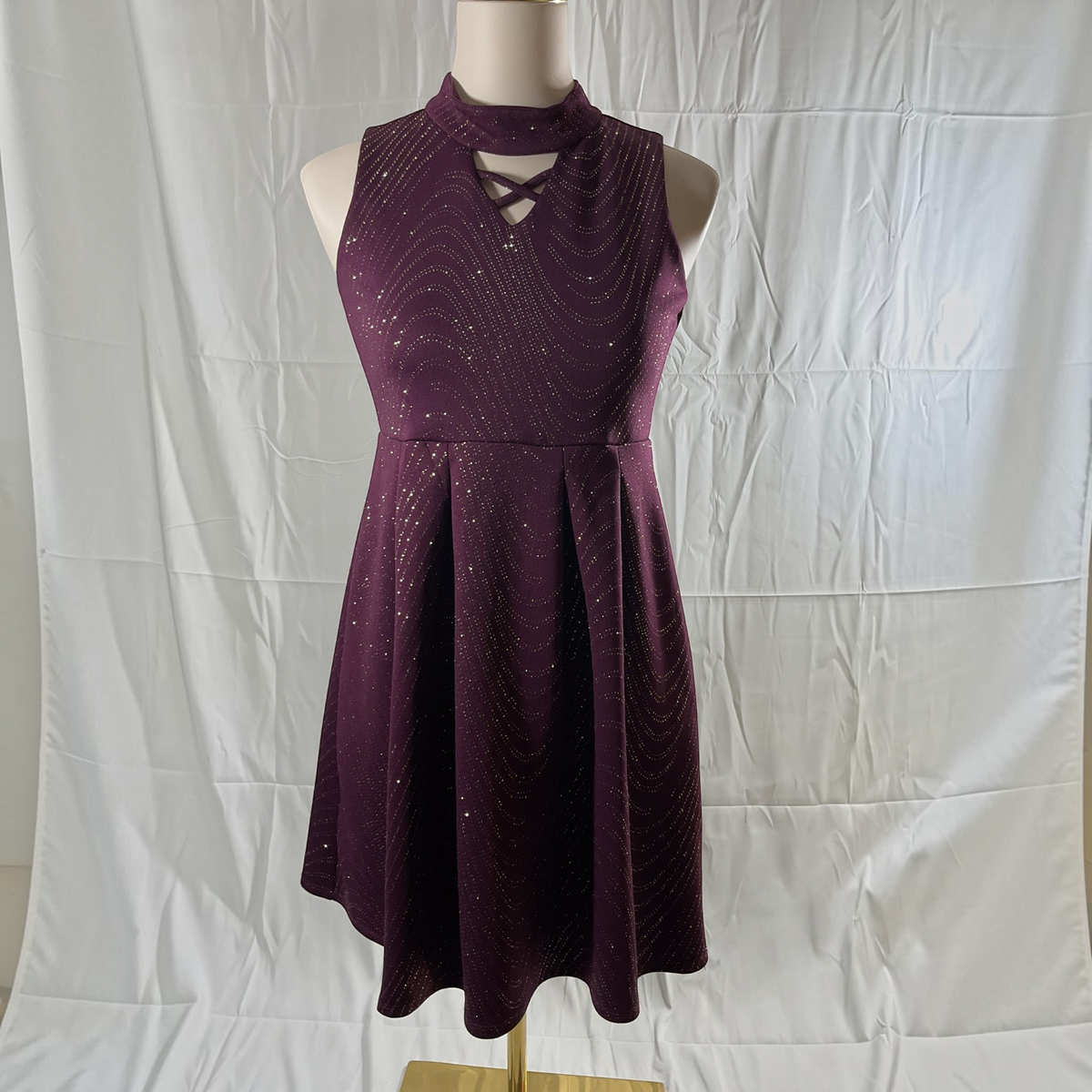 A sleeveless high-neck purple dress with a crisscross keyhole cutout at the collar and a flared skirt, displayed on a mannequin torso against a white fabric backdrop.