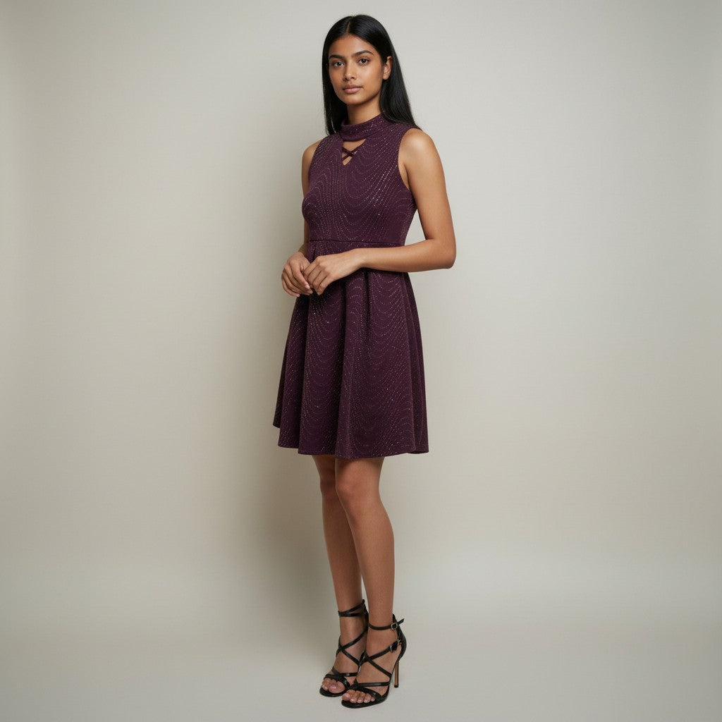 A woman modeling a sleeveless, high-neck, flared mini dress in a deep plum purple color, paired with black strappy high-heeled sandals, against a plain light beige studio background.