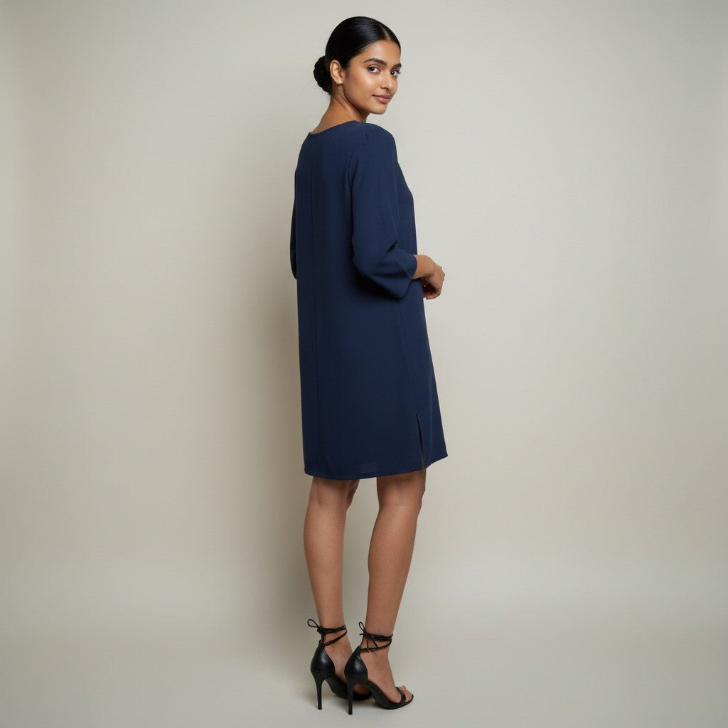 A woman modeling a navy blue knee-length shift dress with three-quarter sleeves, shown from a three-quarter back angle against a neutral light gray studio background.