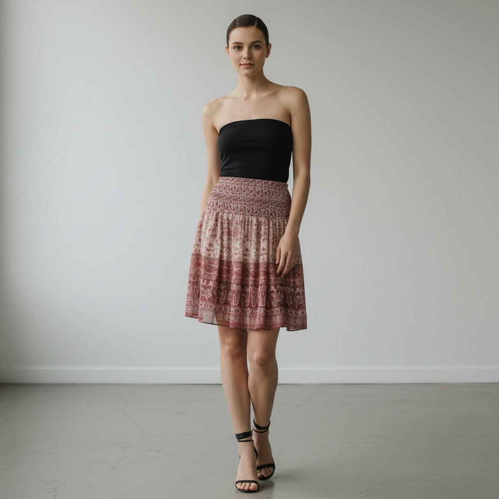 A woman stands in a studio wearing a black strapless tube top and a pleated mini skirt with a dusty rose and beige paisley pattern. She is wearing black strappy high-heeled sandals against a neutral gray background.
