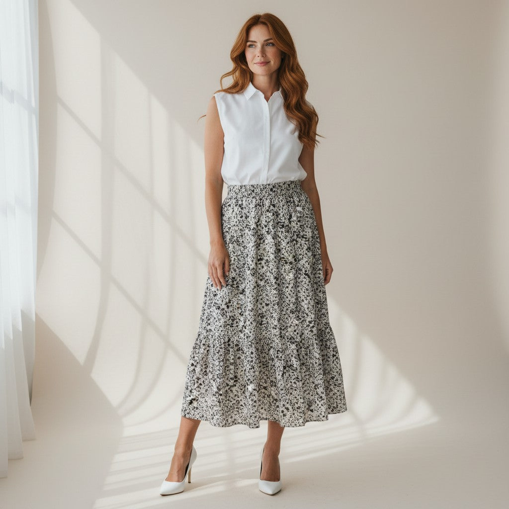 A woman stands in a bright studio wearing a sleeveless white collared top and a high-waisted midi skirt with a black and white floral pattern. She is wearing white pointed-toe heels, with soft window shadows cast across the floor and wall.