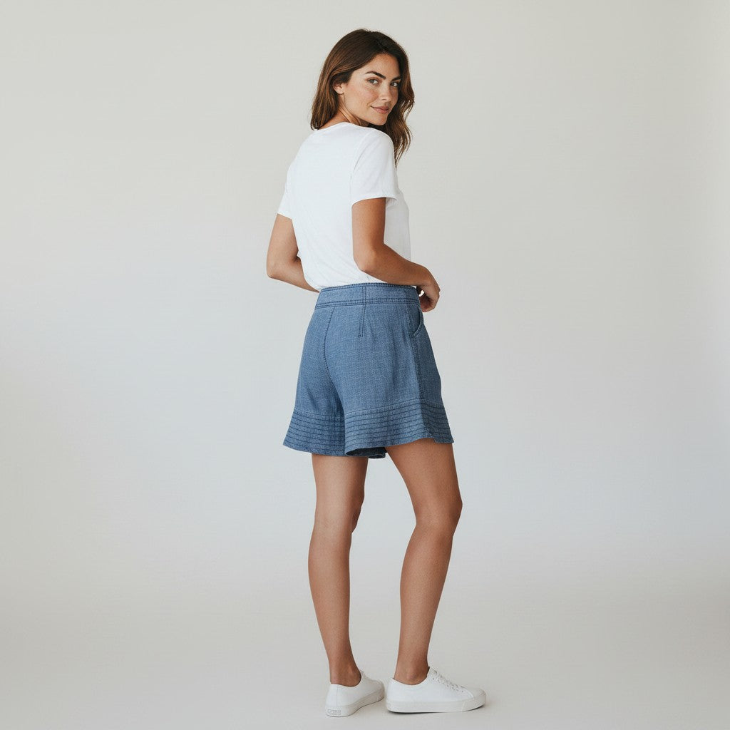 A woman wearing blue textured shorts, a white t-shirt, and white sneakers, photographed from behind against a light gray studio background.