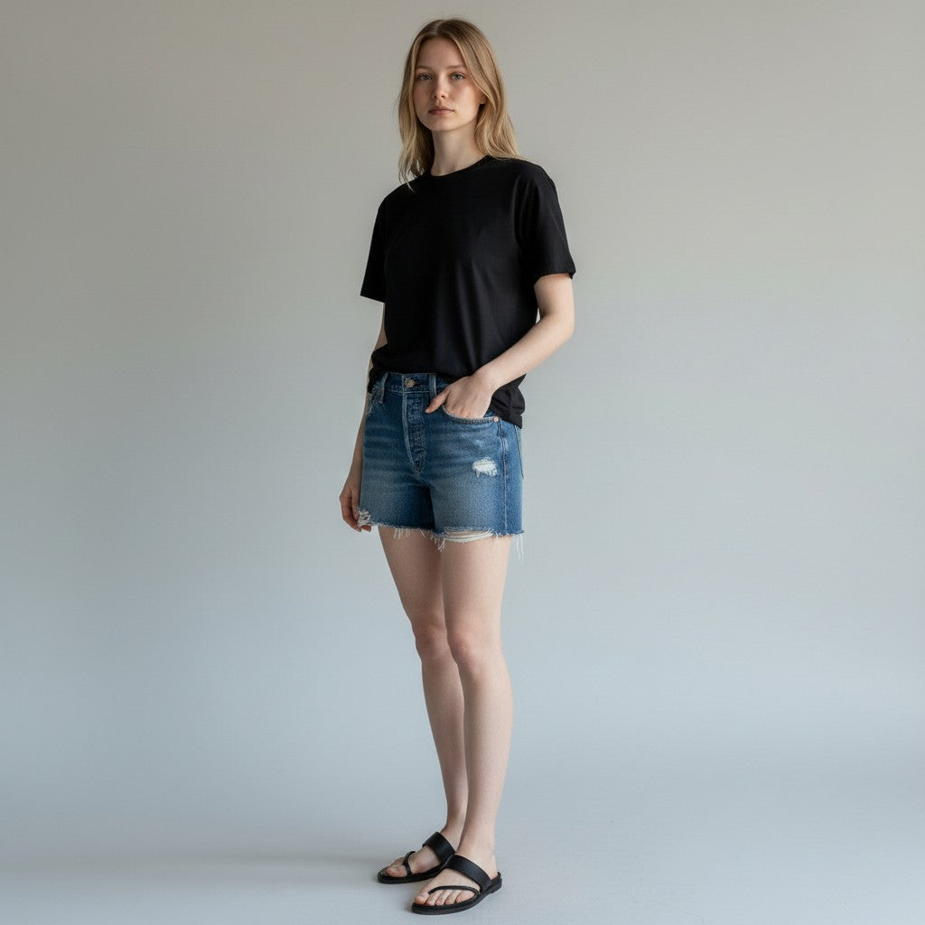A woman stands against a plain light gray studio background wearing a black short-sleeve T-shirt, distressed denim cutoff shorts, and black slide sandals.