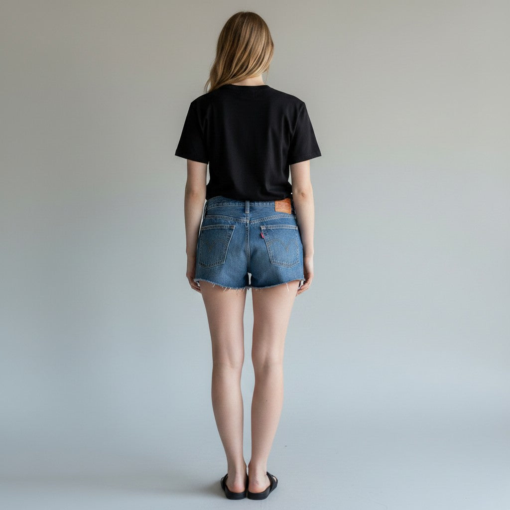 A woman is shown from behind wearing a black short-sleeve t-shirt and blue denim shorts, standing against a light gray studio background.
