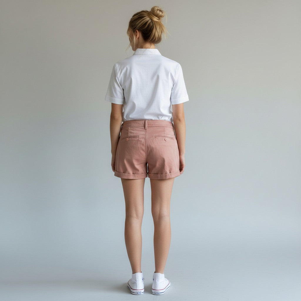 A woman standing with her back to the camera, wearing a white short-sleeve collared shirt, dusty pink rolled-leg shorts, and white sneakers against a light gray studio background.