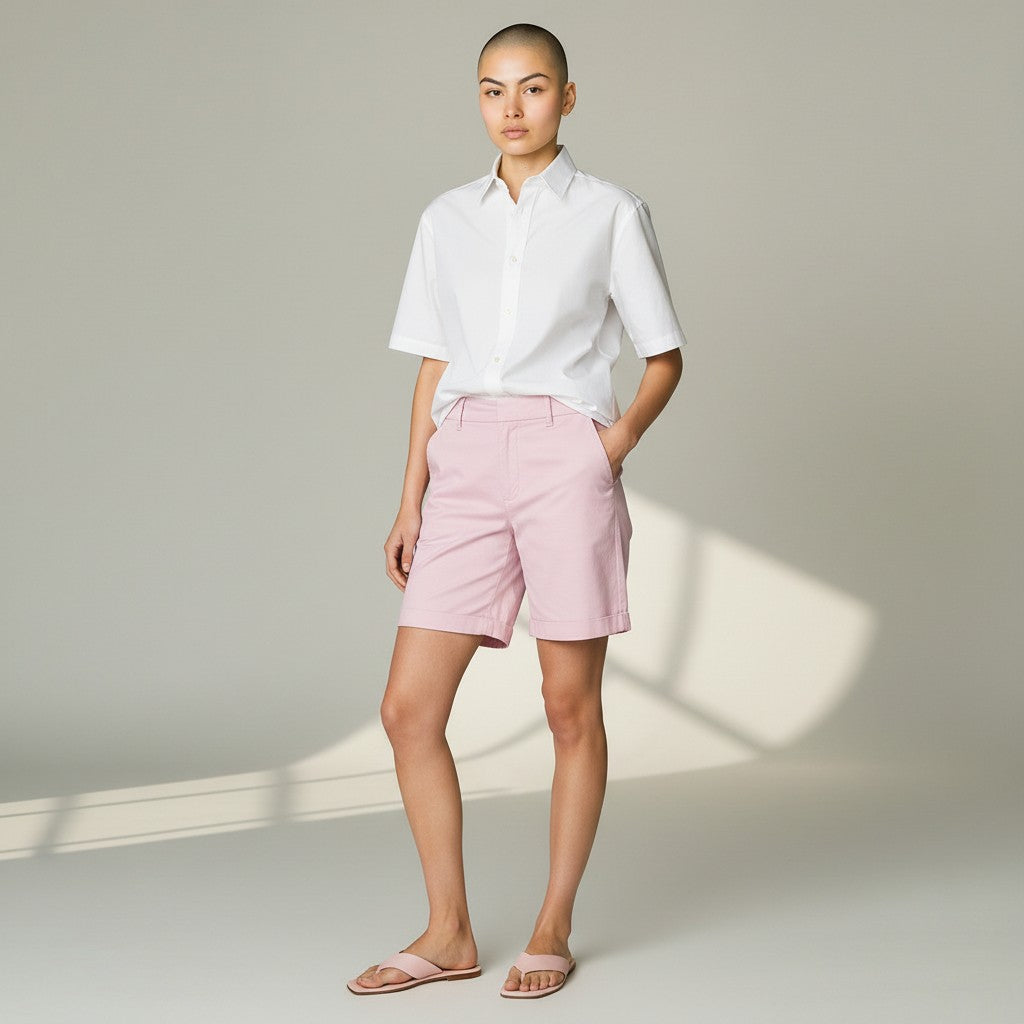 A model stands in a studio wearing a white short-sleeve button-up shirt, light pink shorts, and matching pink sandals. The background is a warm light gray with soft window-light shadows.