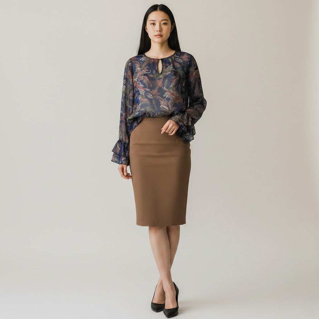 A woman stands against a plain light gray studio background wearing a long-sleeve sheer floral blouse in blue, purple, and brown tones with a keyhole neckline, paired with a knee-length brown pencil skirt and black heels.