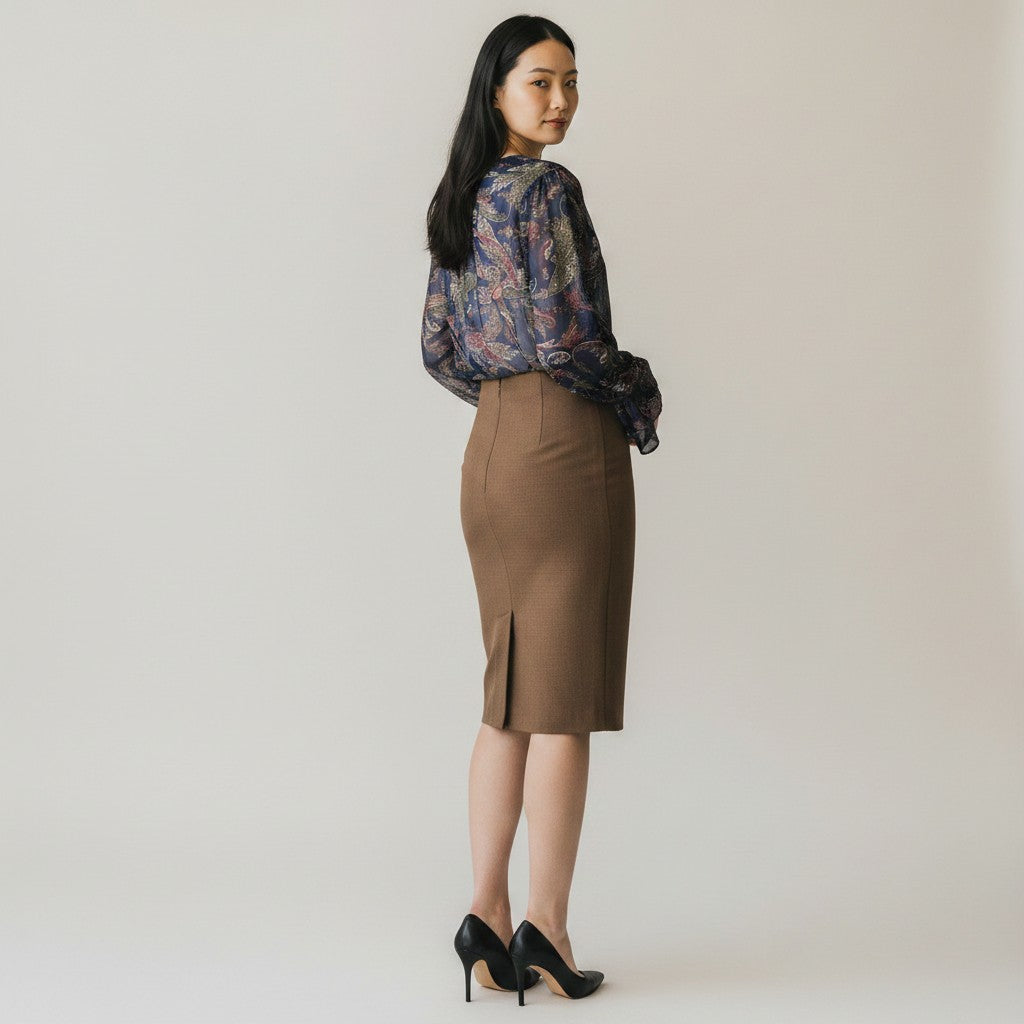 A woman stands in a studio wearing a brown knee-length pencil skirt with a front slit, paired with a sheer floral blouse and black heels, photographed against a light gray background.