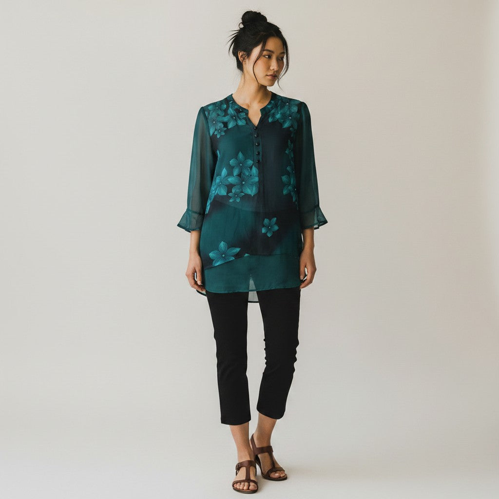 The Tonal Floral Chiffon Tunic in Deep Teal