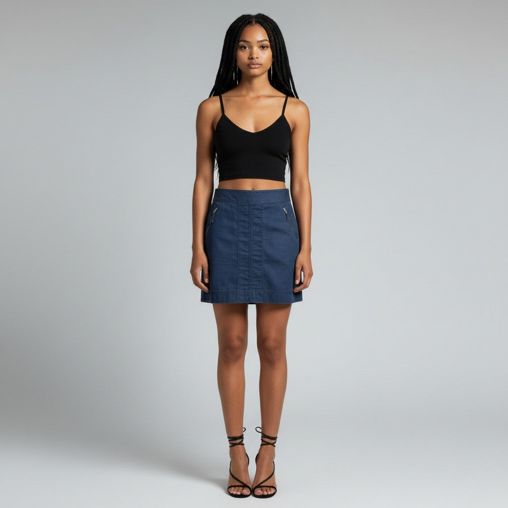 A model stands against a light gray studio background wearing a black spaghetti-strap crop top and a blue denim mini skirt with front button details.