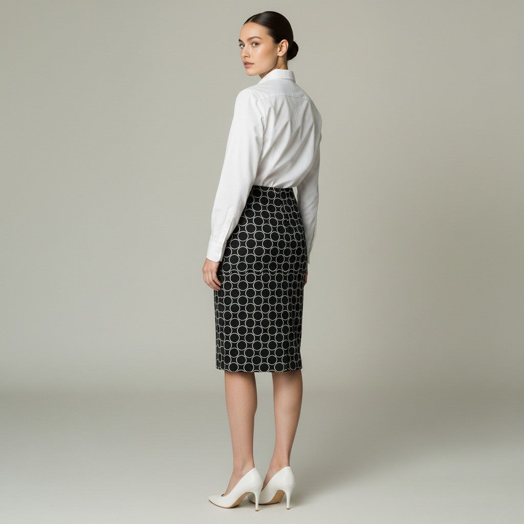 A woman stands in a studio wearing a white long-sleeve collared blouse and a black knee-length skirt with a white geometric circle pattern. She is photographed from the back against a plain light gray background.