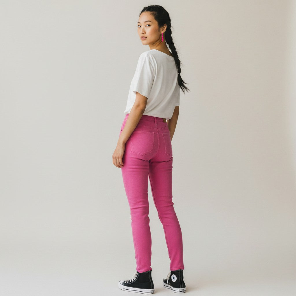 A woman standing in profile wearing bright pink skinny jeans, a white t-shirt, and black high-top sneakers against a plain light gray studio background.