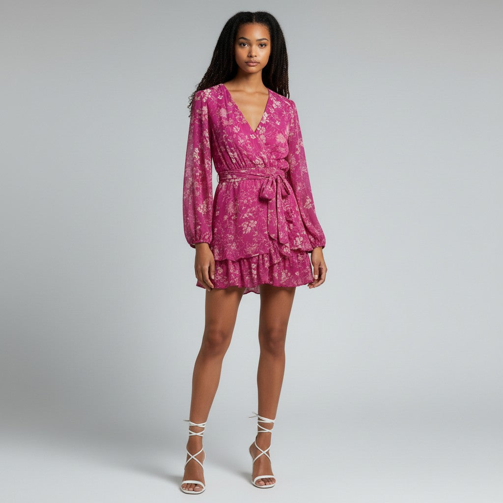 A model wearing a pink floral long-sleeve mini dress with a tie waist, paired with white lace-up high heels, against a light gray studio background.