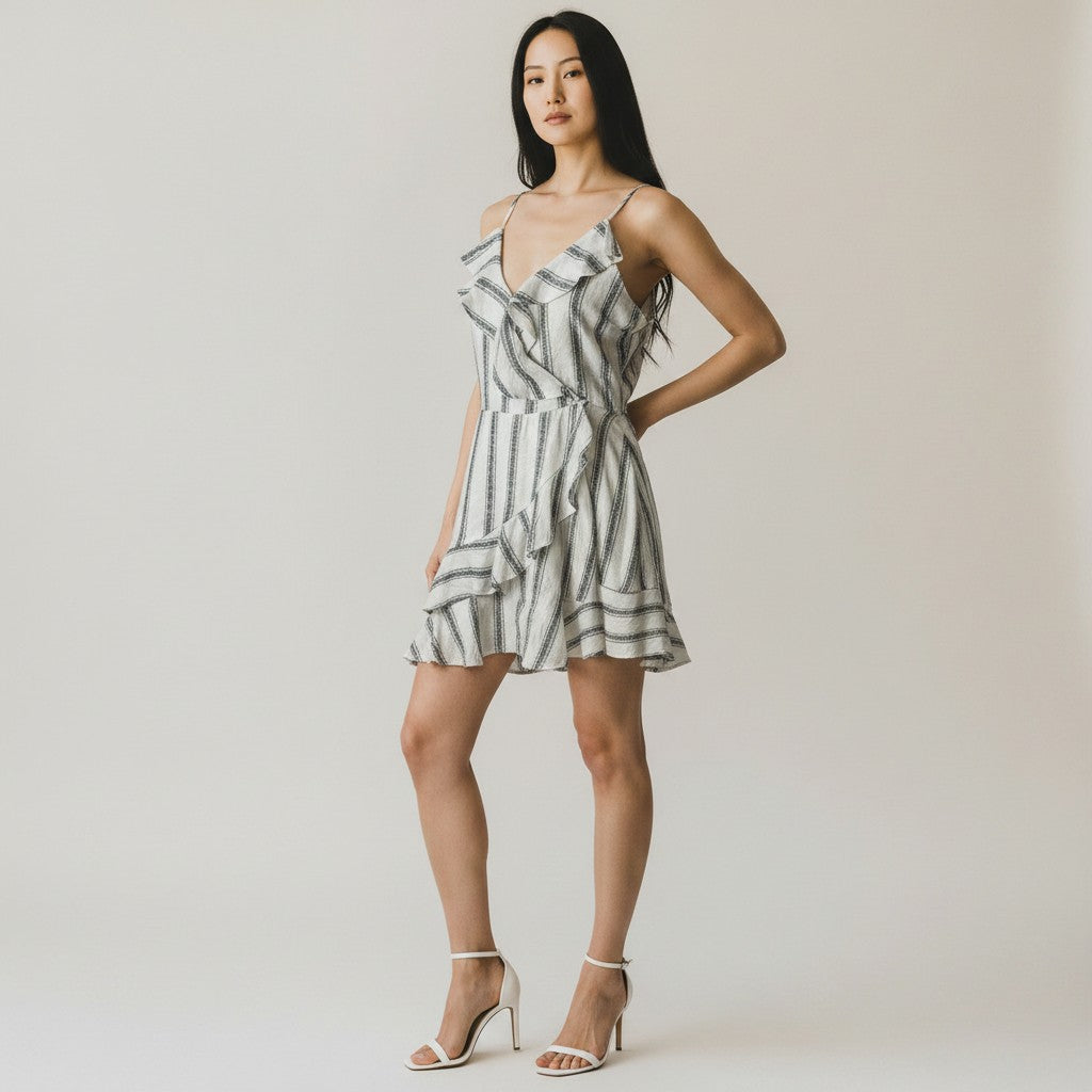 A woman modeling a sleeveless ruffled mini dress with vertical gray and white stripes, paired with white strappy high-heeled sandals, against a plain light beige studio background.
