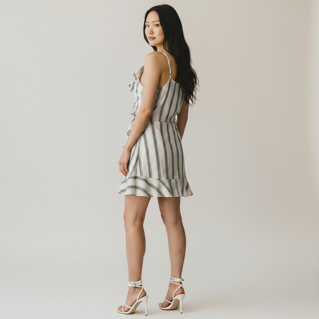 A woman modeling a sleeveless mini dress with vertical gray and white stripes, shown from the back against a plain light gray studio background.
