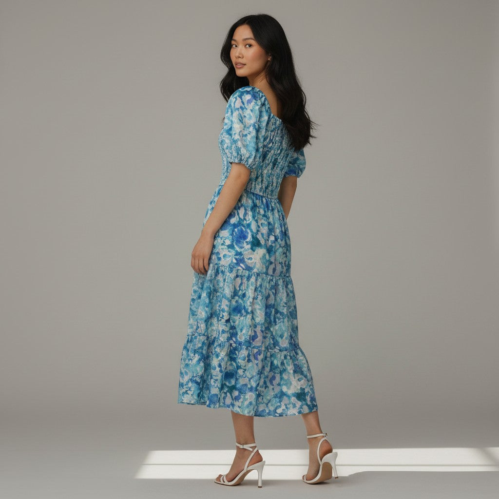 A woman modeling a blue floral midi dress with puff sleeves and a smocked bodice, shown from the back against a plain gray studio background.