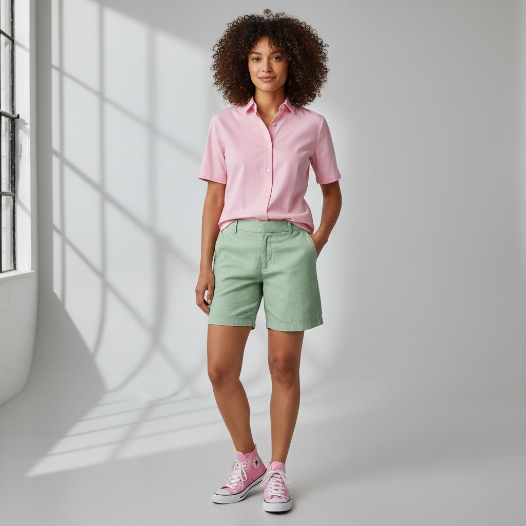 A woman stands in a bright studio wearing a light pink short-sleeve button-up shirt, sage green shorts, and pink sneakers. Sunlight casts windowpane shadows on the white wall and floor.