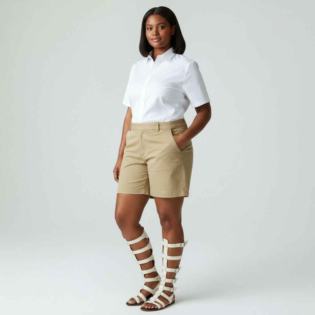 A woman modeling a white short-sleeve button-up shirt and tan khaki shorts, paired with white strappy gladiator sandals, against a light gray studio background.