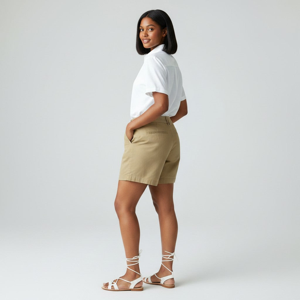 A woman modeling a white short-sleeve button-up shirt and beige shorts, standing in a studio setting against a light gray background.