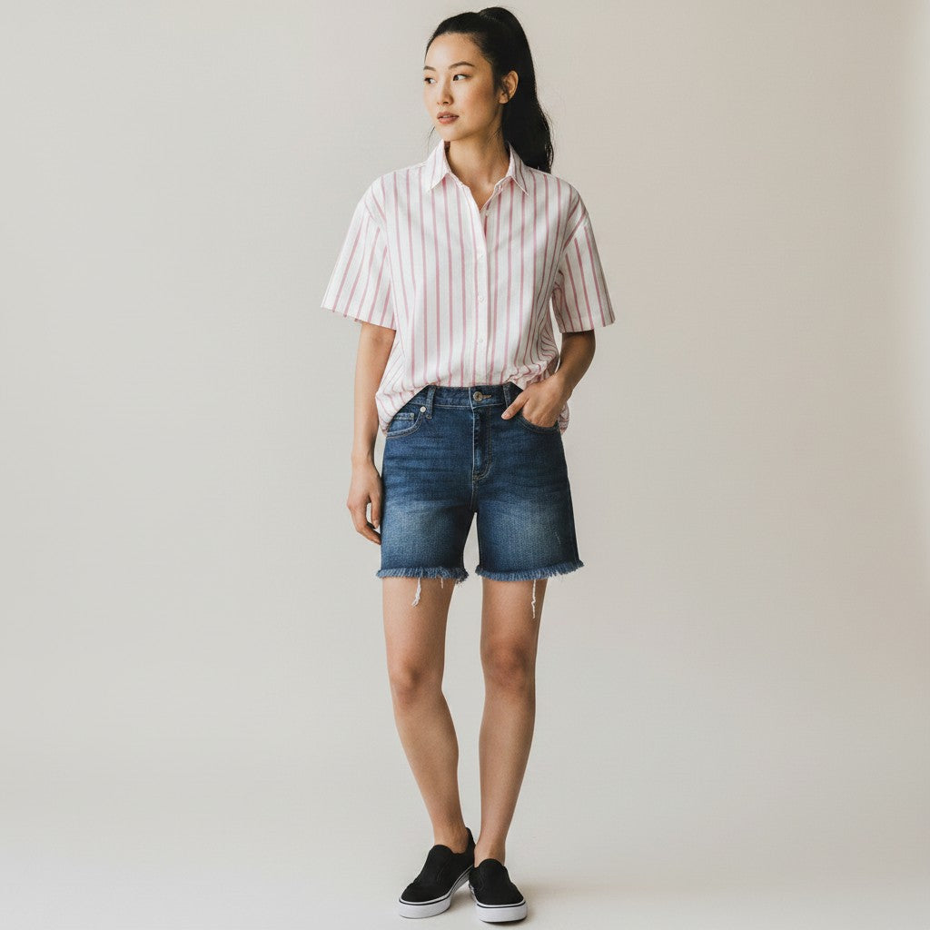 A woman modeling a short-sleeve button-up shirt with thin pink and white vertical stripes, paired with dark blue denim shorts and black slip-on sneakers, against a plain light gray studio background.