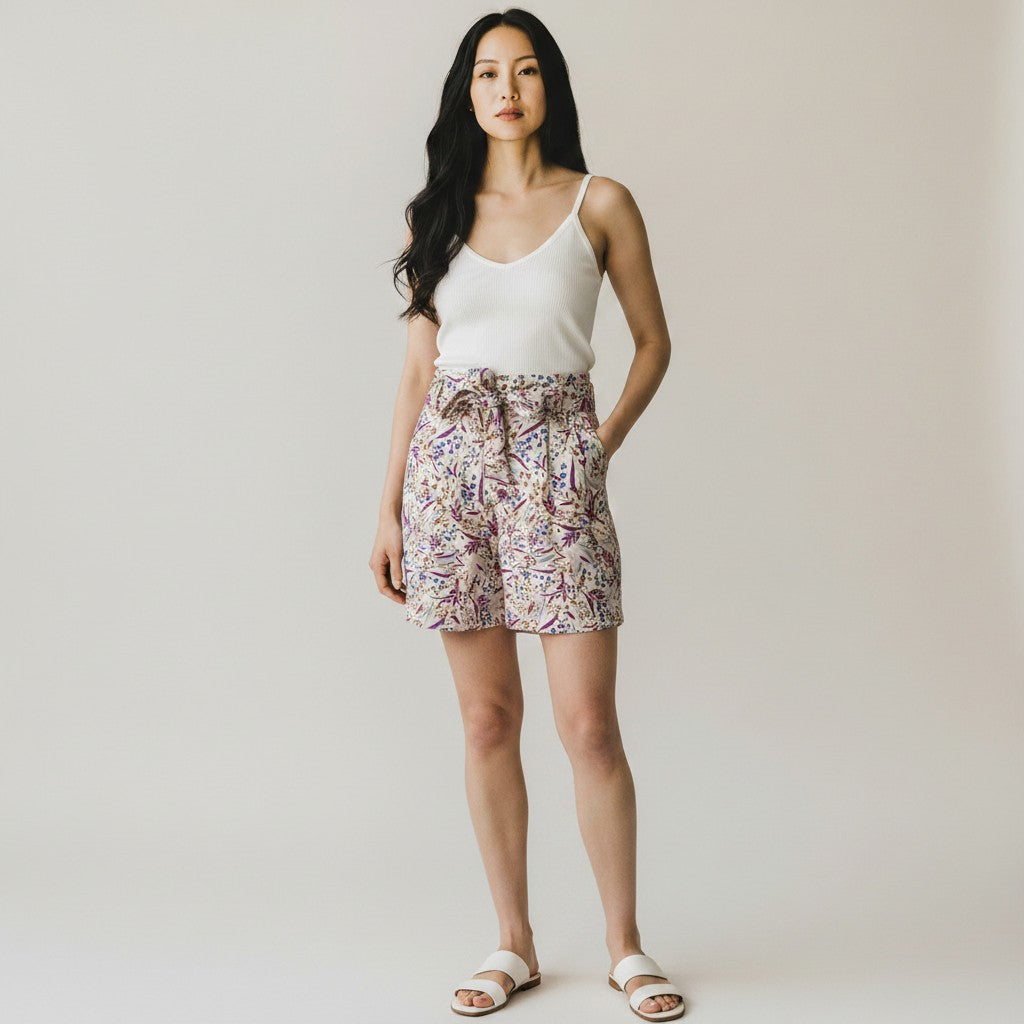 A woman stands against a plain light beige studio background wearing a white camisole top, high-waisted shorts with a multicolor abstract print, and white slide sandals.