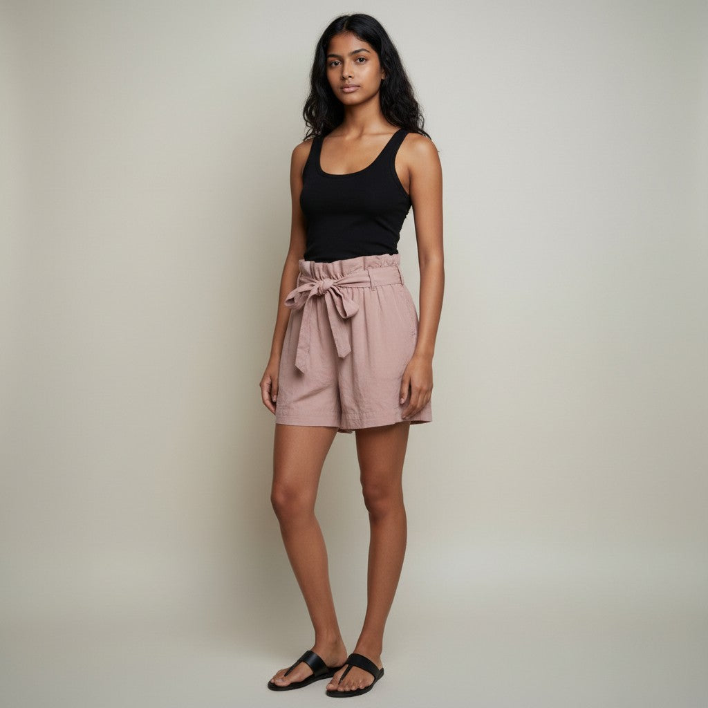 A woman modeling a black sleeveless tank top and dusty pink paperbag-style shorts with a tie waist, paired with black slide sandals, against a plain light beige studio background.