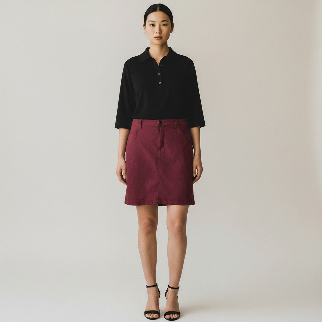 A woman with a black top and black heels and a  burgundy skirt on a light background