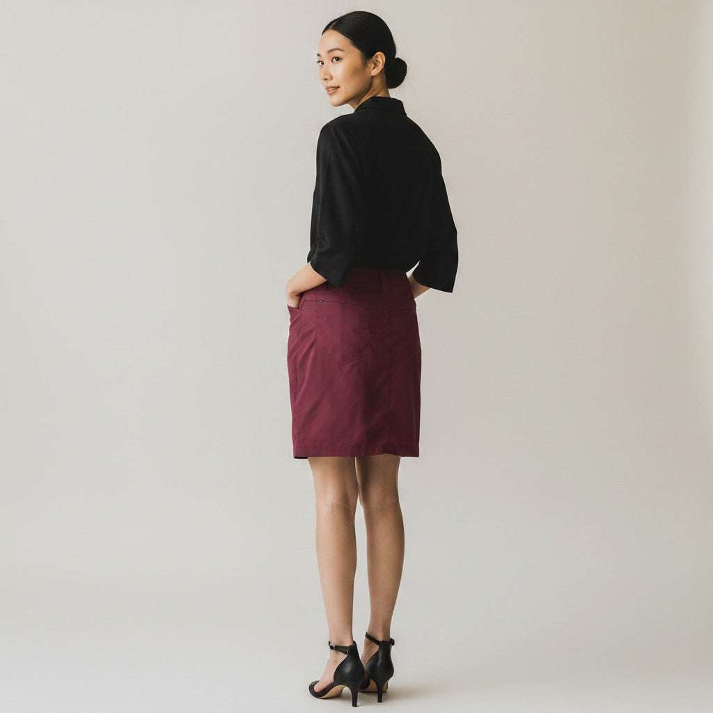 A woman with a black top and black heels and a  burgundy skirt on a light background