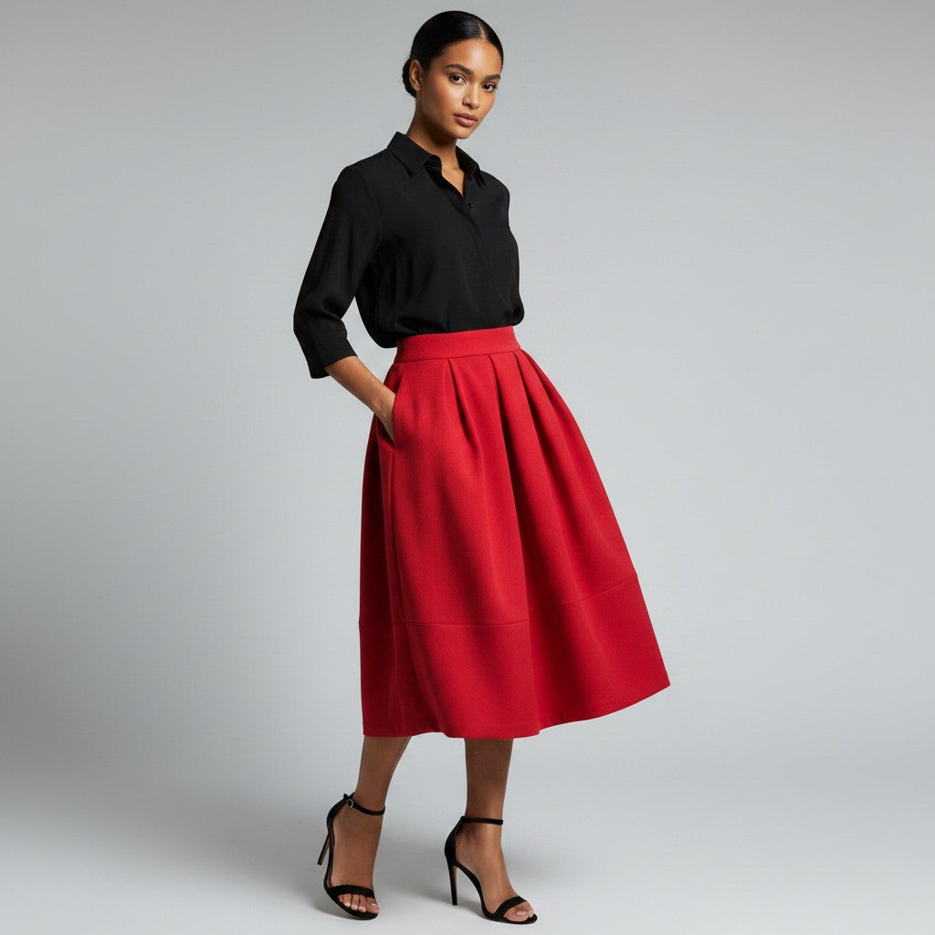 A woman with a black shirt and heels and The Solid High-Waist Box Pleat Patch Pocket Full A-Line Midi Skirt in Vivid Crimson Red on a light gray background