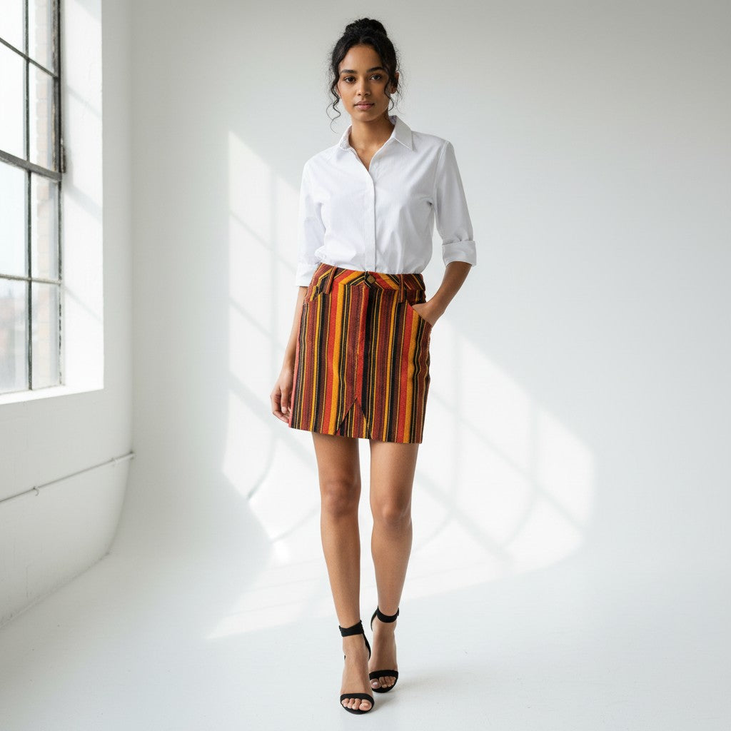 A woman wearing a white shirt with a strip skirt and black heels on a gray background