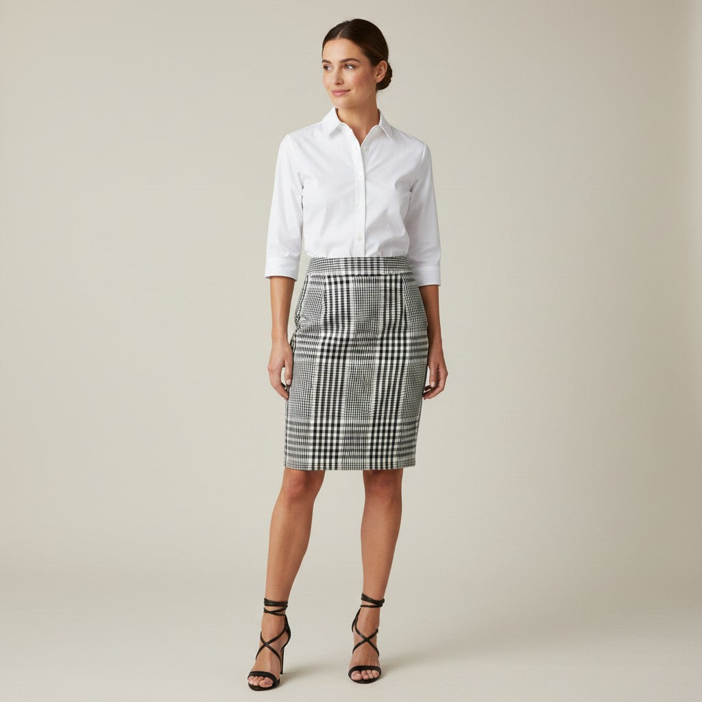 A woman wearing a white shirt with a black ad white skirt and black heels on a light gray background