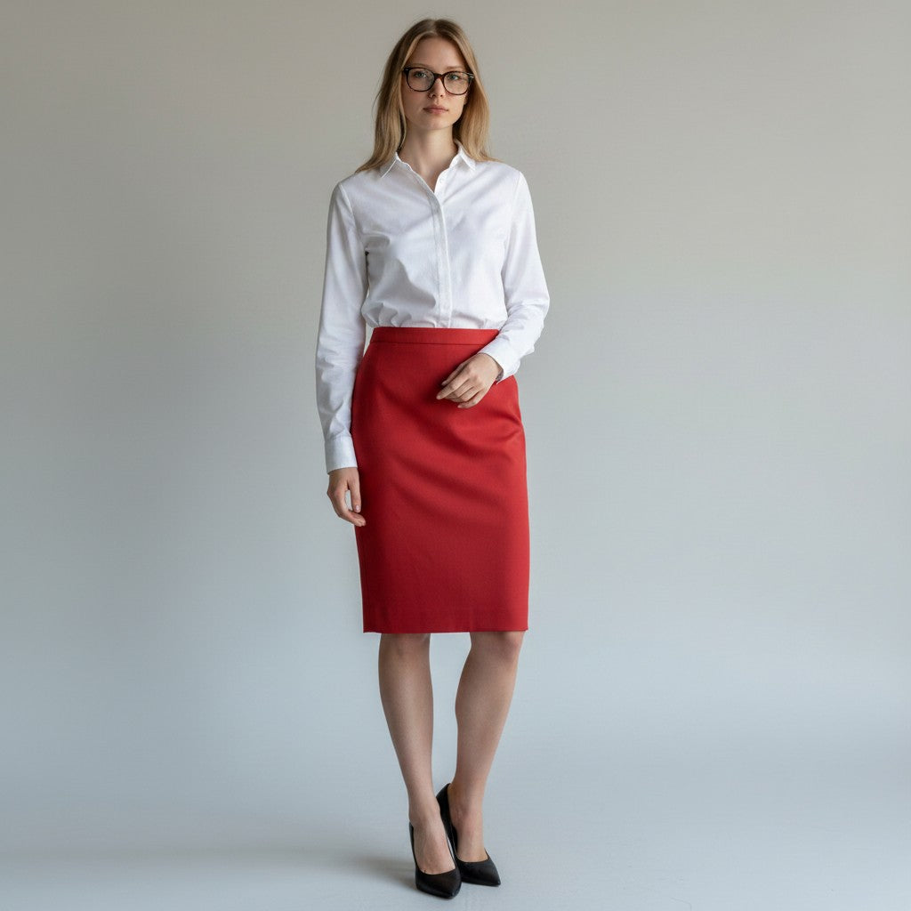 A woman wearing a white long-sleeve button-down shirt and a red knee-length pencil skirt, paired with black pointed-toe heels, standing against a light gray studio background.