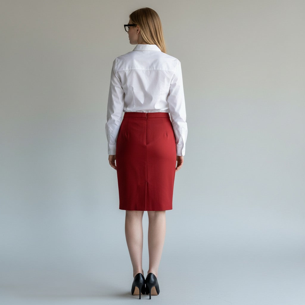 A woman is shown from behind wearing a white long-sleeve button-down shirt and a red knee-length pencil skirt, paired with black heels, against a plain light gray studio background.