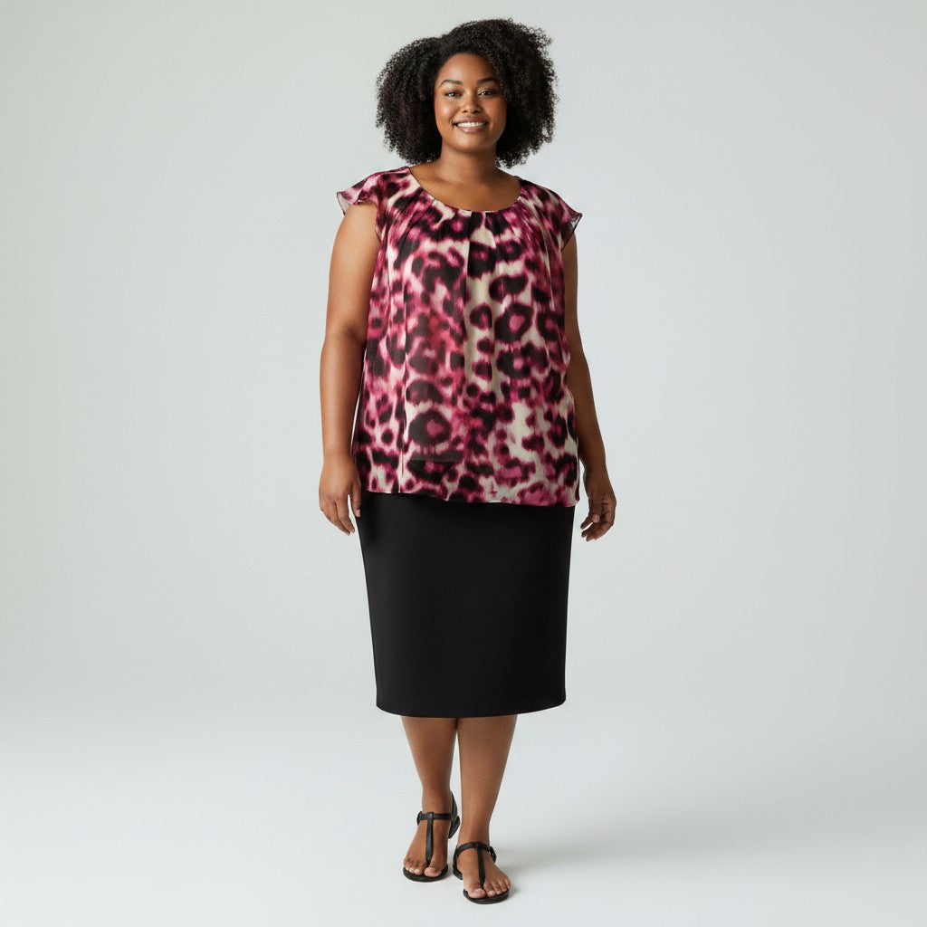 A woman modeling a sleeveless top with a pink, red, and black leopard print pattern, paired with a black knee-length skirt and black sandals, against a light gray studio background.