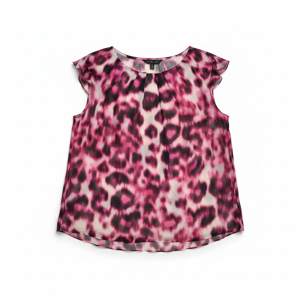 A sleeveless top with a pink, purple, and black leopard print pattern on a white background, featuring ruffled cap sleeves and a round neckline.