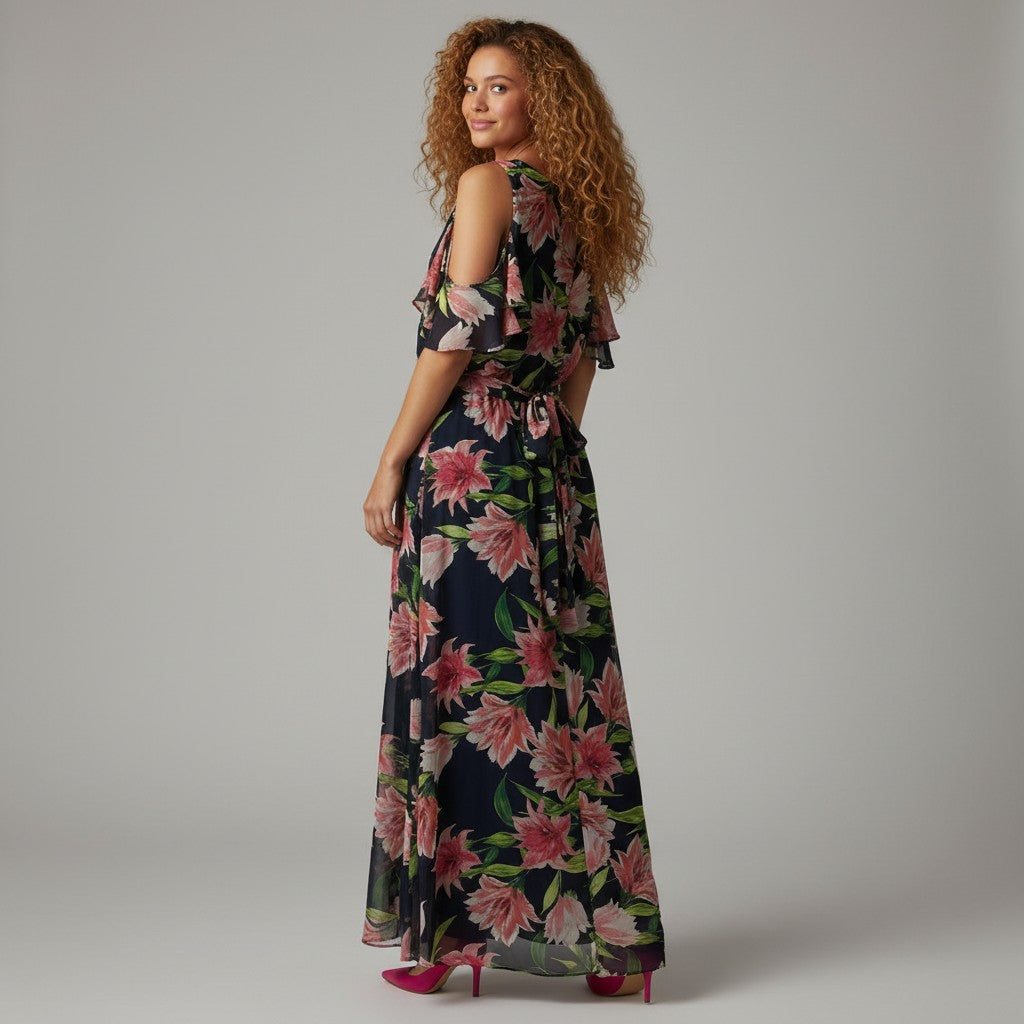 A woman modeling a navy maxi dress with a pink and green floral print, photographed from the back against a neutral gray studio background.