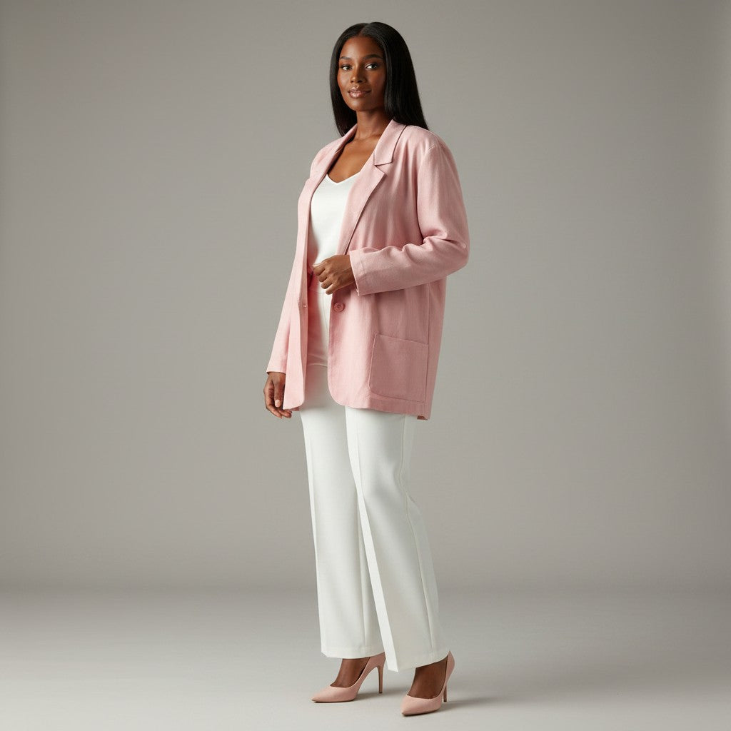 A woman modeling a light pink blazer over a white top and white wide-leg pants, paired with light pink heels, against a neutral gray studio background.