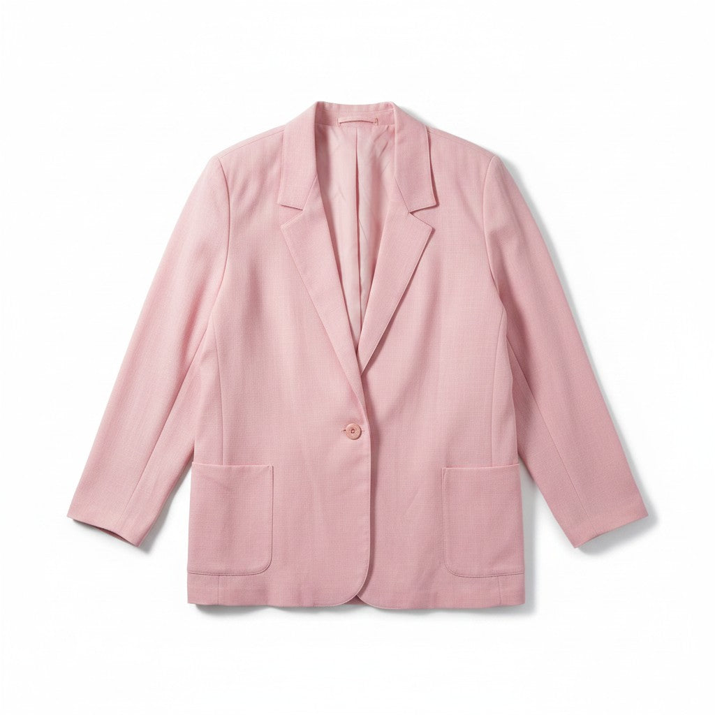 A light pink blazer jacket with notch lapels, a single button closure, and two front patch pockets, shown flat against a white background.