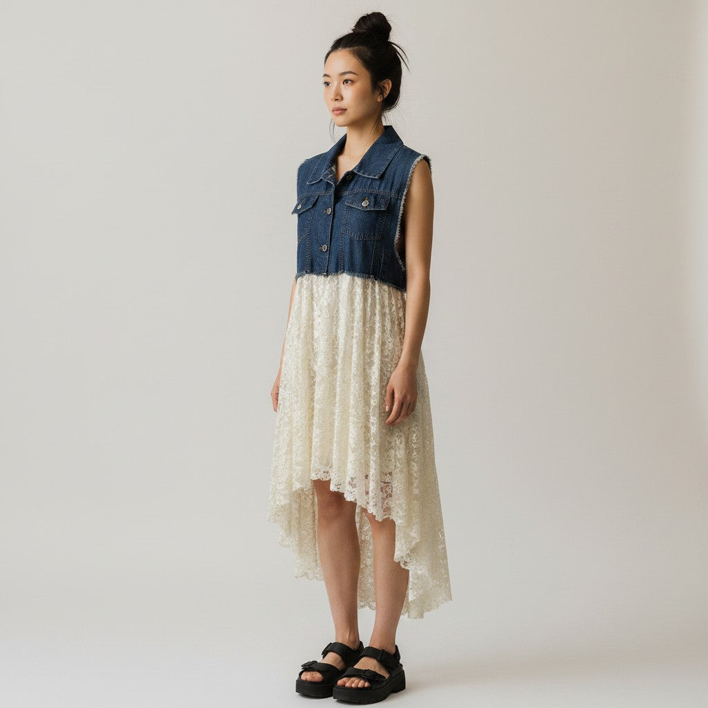 A woman models a sleeveless high-low dress featuring a dark blue denim vest top and a cream lace tulle skirt, paired with black sandals against a plain light gray studio background.