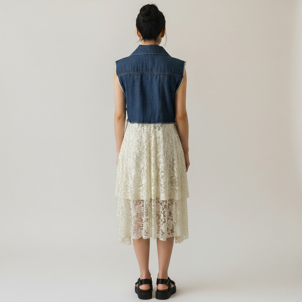 A woman viewed from behind wearing a sleeveless denim vest with a cream lace tiered skirt, paired with black sandals, against a plain light gray studio background.